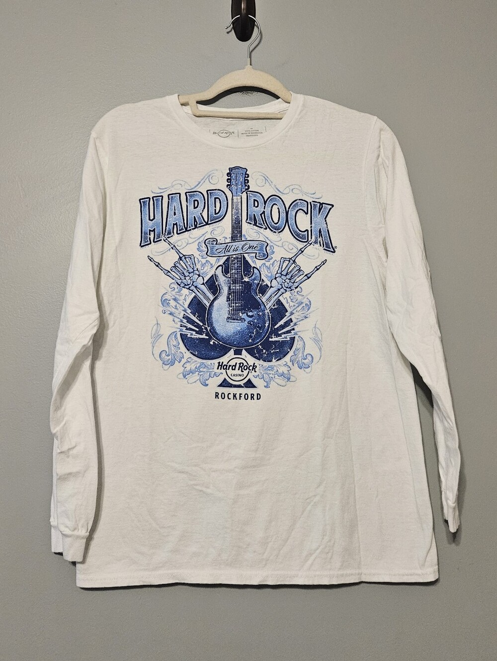 Hard Rock Cafe White Long Sleeve Tee with Blue Guitar Graphic - Rockford
